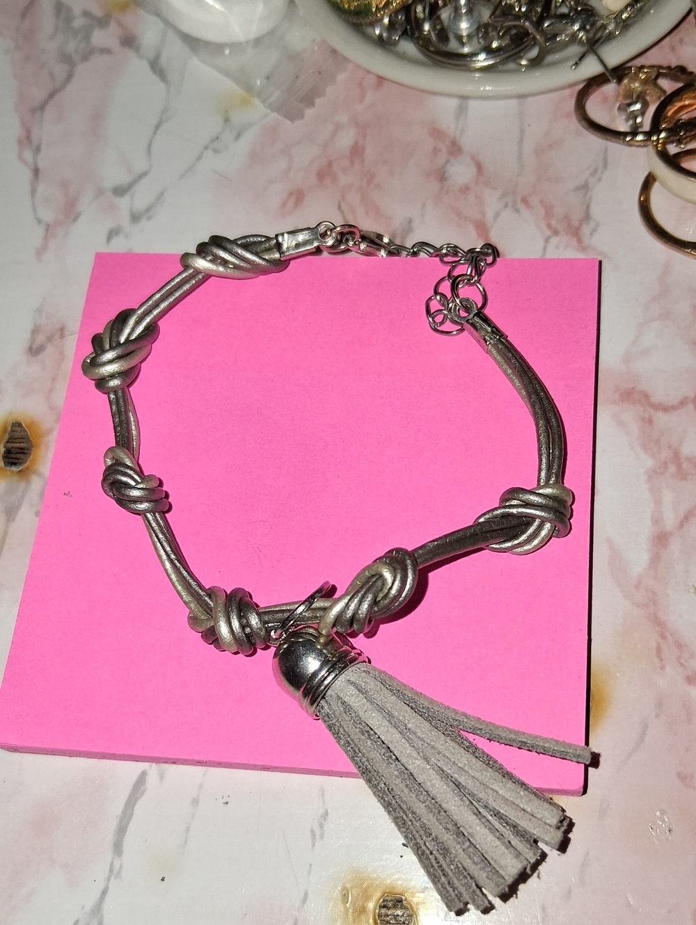 Silver Knot Bracelet with Gray Tassel - Women Jewelry